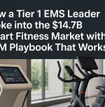 Text overlay on an image of smart exercise equipment in a gym. The text discusses a Tier 1 EMS leader's entry into the $14.7B smart fitness market.