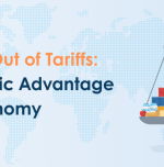 A professional consulting-style banner illustration showing the concept of tariffs and trade balance. A balanced scale at the center with shipping containers, cars, and food items on both sides, p (1)
