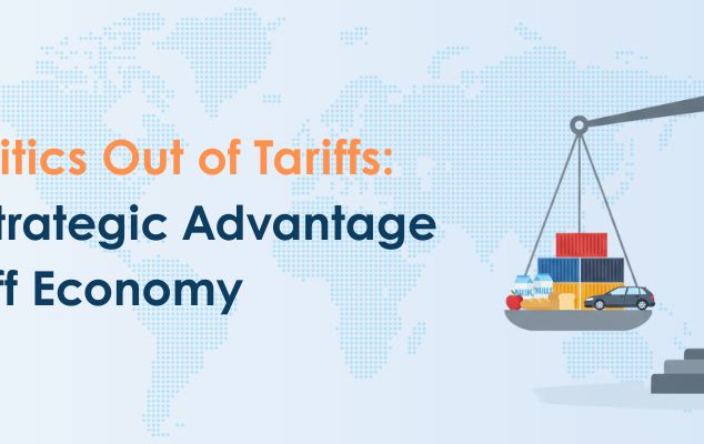 A professional consulting-style banner illustration showing the concept of tariffs and trade balance. A balanced scale at the center with shipping containers, cars, and food items on both sides, p (1)