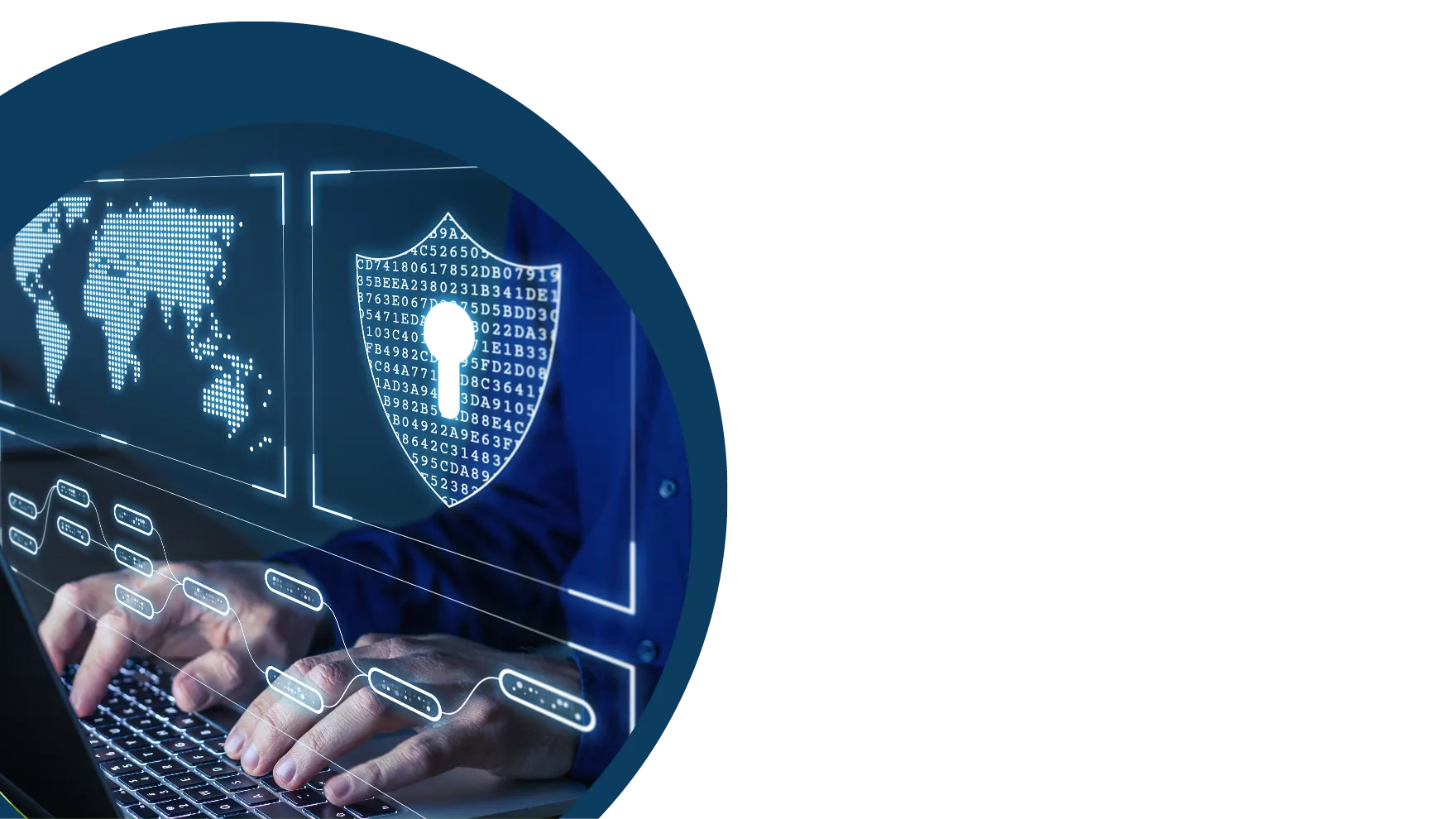 Hands typing on a laptop with a digital shield, keyhole and world map overlay