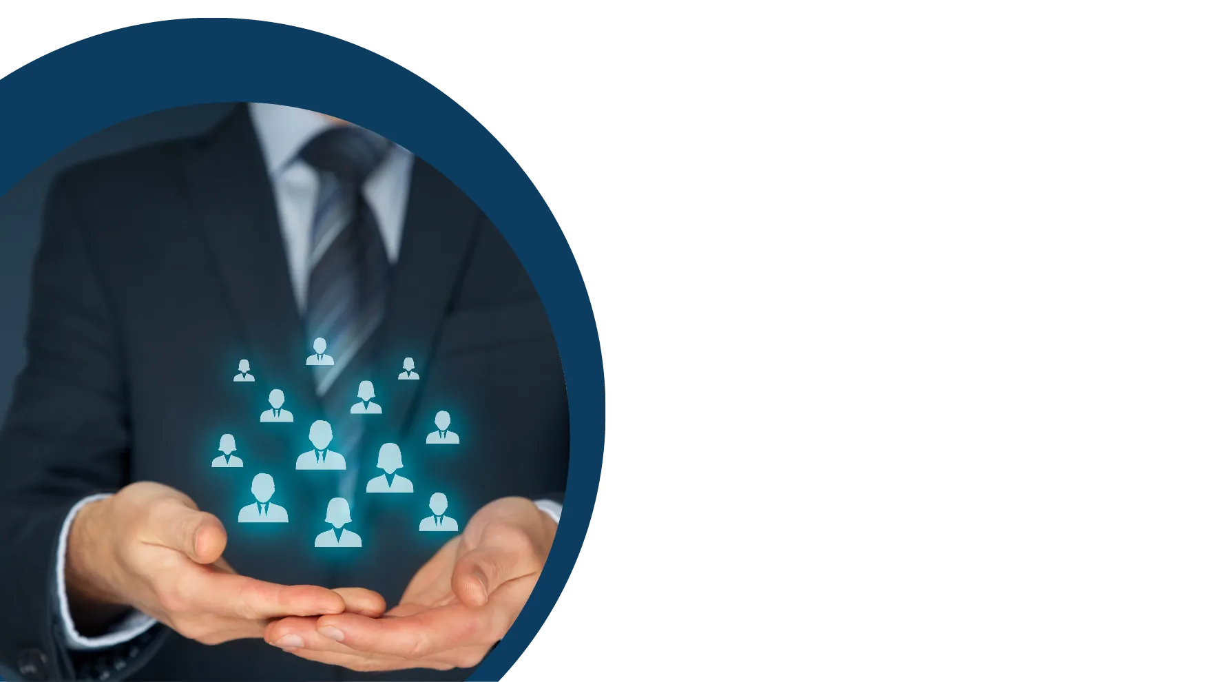 Person in a suit holding glowing icons of people in open hands