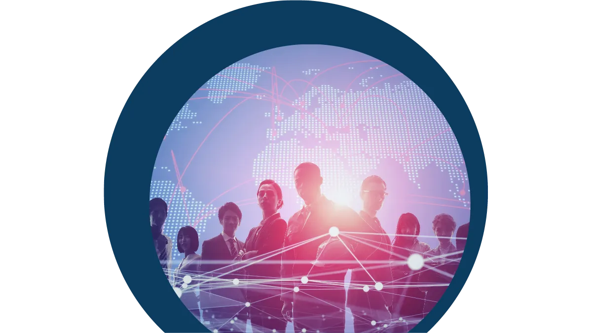 Business people in silhouette before a glowing world map with network lines, framed in a dark blue circle