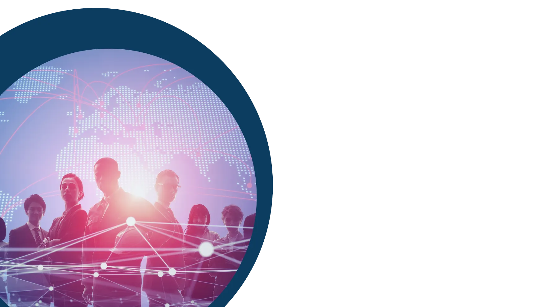 Silhouettes of business people in front of a world map with glowing network connection lines