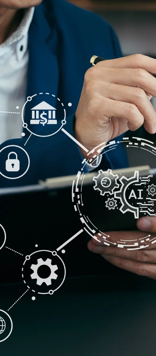 Person holding a tablet and pen behind overlaid icons for banking, security, gears and AI
