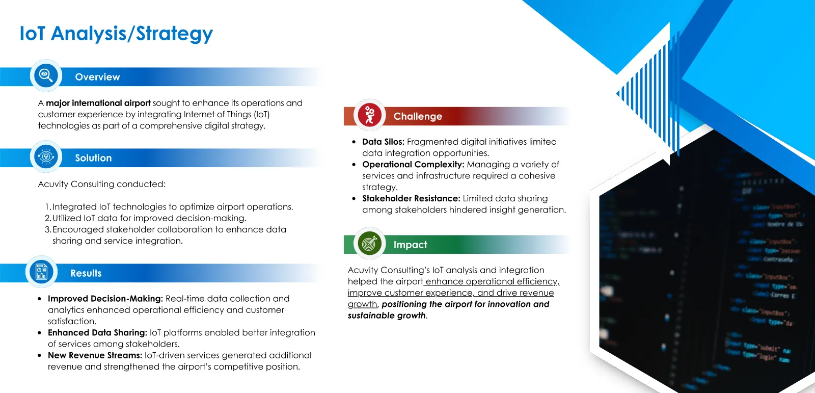 Case study infographic 'IoT Analysis/Strategy' with overview, solution, results, challenge and impact sections