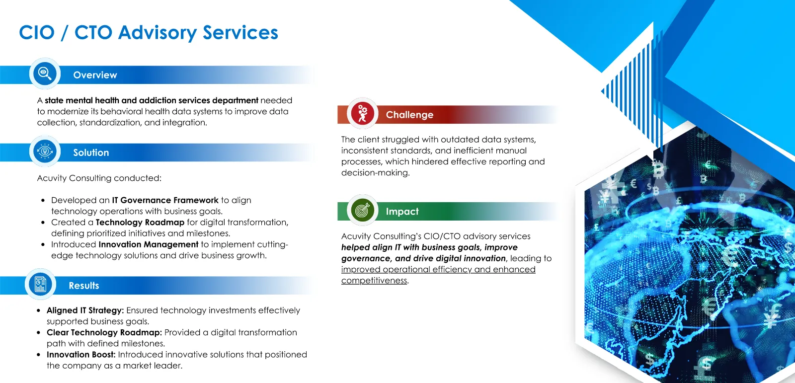CIO / CTO Advisory Services case study with overview, challenge, solution, impact and results sections