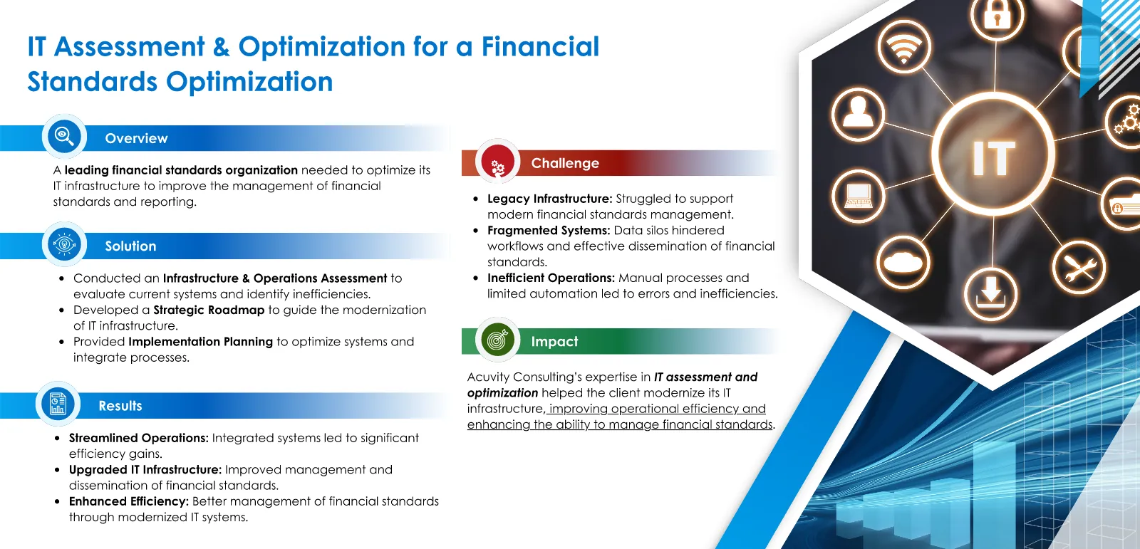 Case study: IT Assessment & Optimization for a Financial Standards Optimization, with overview, challenge and results