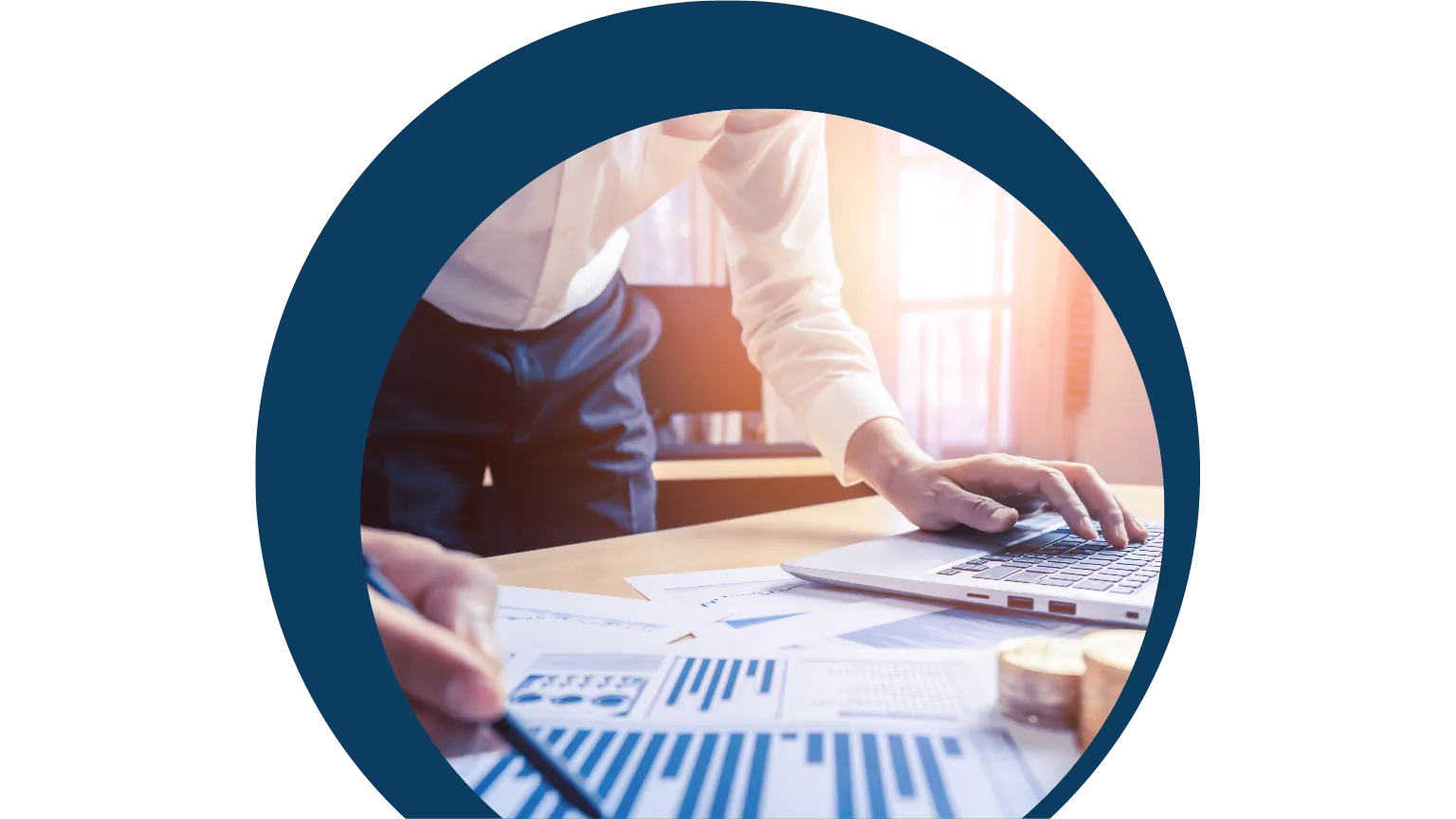 Consultant reviewing market research charts and reports at a laptop