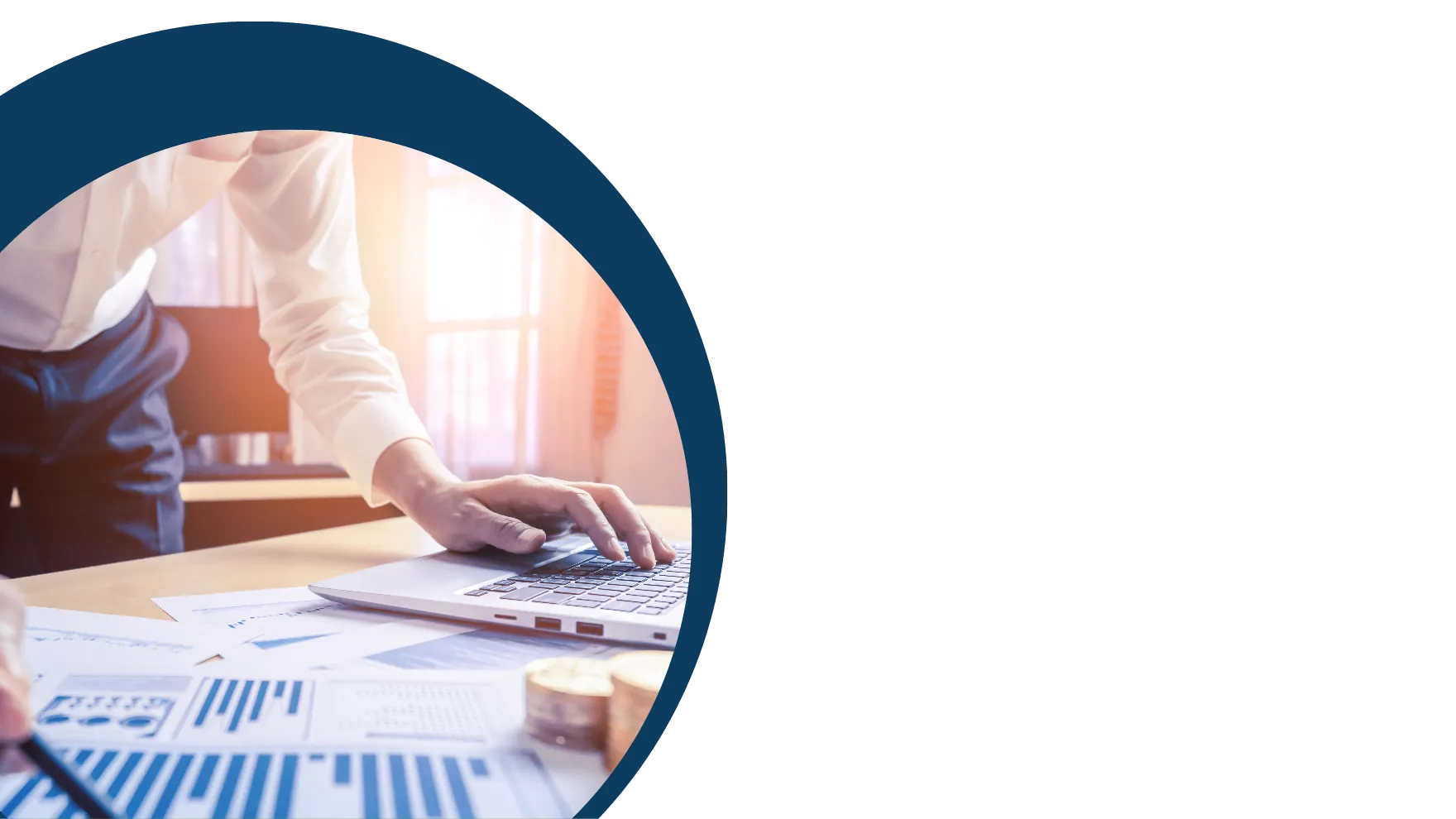 Consultant reviewing market research charts and reports at a laptop